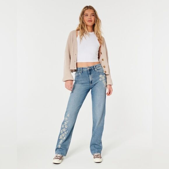 HOLLISTER 4R Unisex Ultra High-Rise Medium Wash Floral Embroidered Dad Jeans - Picture 1 of 15